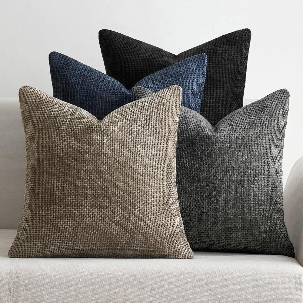 imageMIULEE Pack of 4 Couch Throw Pillow Covers 20x20 Inch Neutral Soft Decorative Chenille Pillow Covers Farmhouse Boho Cushion Covers for Mid Century Modern Home Decor Sofa Bedroom Living RoomNeutral NavyGrey