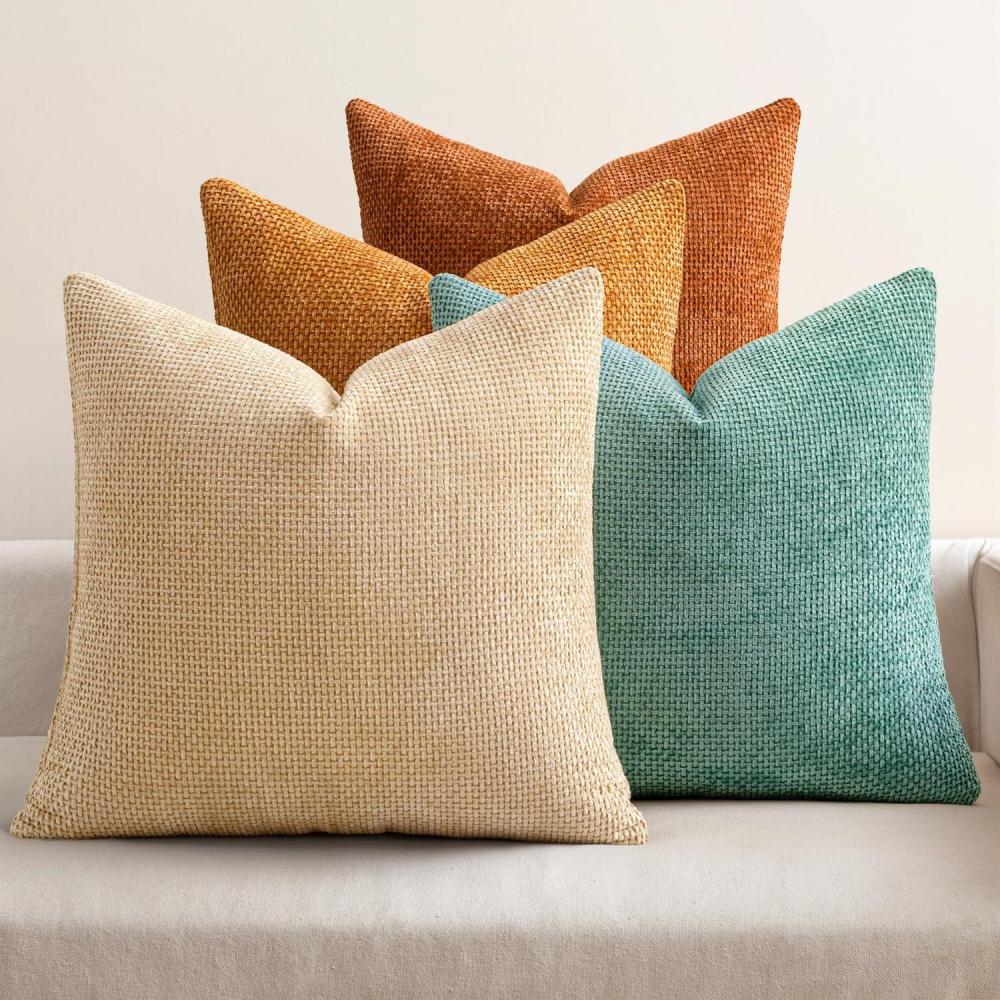 imageMIULEE Pack of 4 Couch Throw Pillow Covers 20x20 Inch Neutral Soft Decorative Chenille Pillow Covers Farmhouse Boho Cushion Covers for Mid Century Modern Home Decor Sofa Bedroom Living RoomOrangeTeal