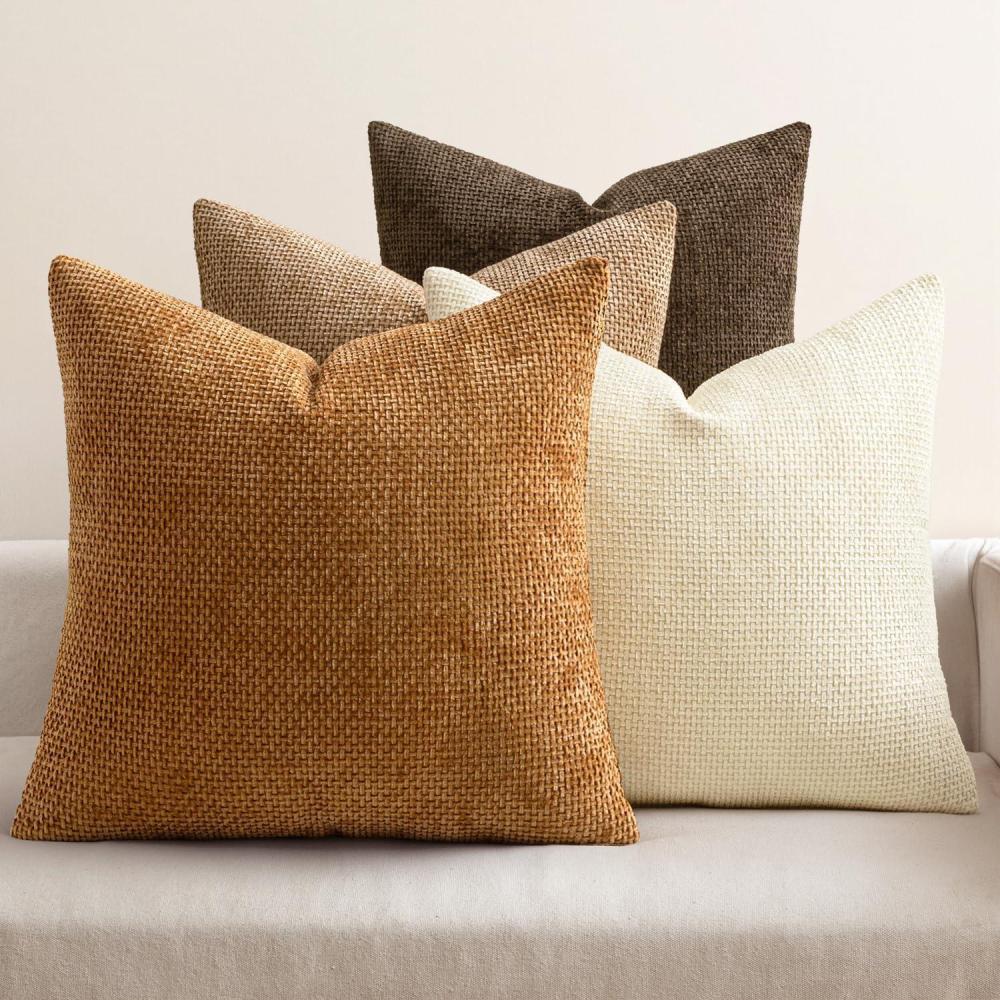 imageMIULEE Pack of 4 Couch Throw Pillow Covers 20x20 Inch Neutral Soft Decorative Chenille Pillow Covers Farmhouse Boho Cushion Covers for Mid Century Modern Home Decor Sofa Bedroom Living RoomBrown