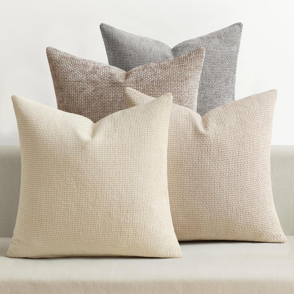 imageMIULEE Pack of 4 Couch Throw Pillow Covers 20x20 Inch Neutral Soft Decorative Chenille Pillow Covers Farmhouse Boho Cushion Covers for Mid Century Modern Home Decor Sofa Bedroom Living RoomNeutral BeigeBrown