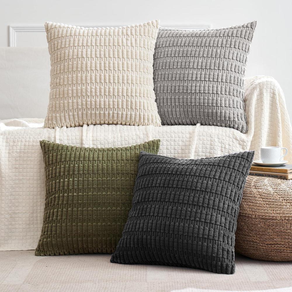 imageMIULEE Pack of 4 Fall Boho Farmhouse Orange Yellow Corduroy Decorative Throw Pillow Covers 18x18 Inch Soft Striped Pillow Covers Modern Rustic Home Decor for Sofa Living Room Couch BedGrey and Olive