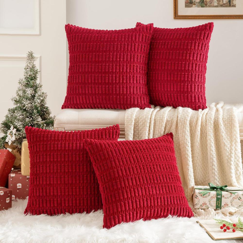 imageMIULEE Pack of 4 Fall Boho Farmhouse Orange Yellow Corduroy Decorative Throw Pillow Covers 18x18 Inch Soft Striped Pillow Covers Modern Rustic Home Decor for Sofa Living Room Couch BedRed