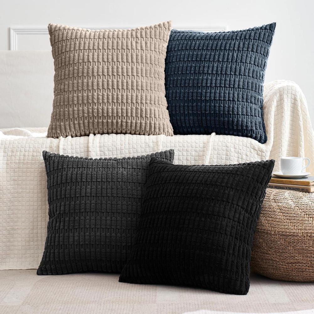 imageMIULEE Pack of 4 Fall Boho Farmhouse Orange Yellow Corduroy Decorative Throw Pillow Covers 18x18 Inch Soft Striped Pillow Covers Modern Rustic Home Decor for Sofa Living Room Couch BedBlack and Blue