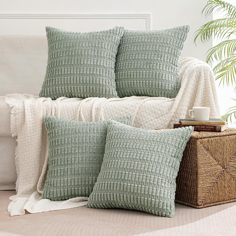 imageMIULEE Pack of 4 Fall Boho Farmhouse Orange Yellow Corduroy Decorative Throw Pillow Covers 18x18 Inch Soft Striped Pillow Covers Modern Rustic Home Decor for Sofa Living Room Couch BedGreyish Green