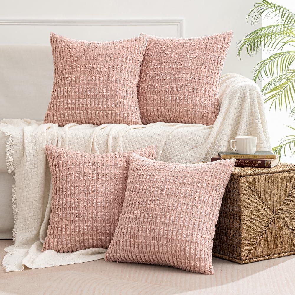 imageMIULEE Pack of 4 Fall Boho Farmhouse Orange Yellow Corduroy Decorative Throw Pillow Covers 18x18 Inch Soft Striped Pillow Covers Modern Rustic Home Decor for Sofa Living Room Couch BedPink