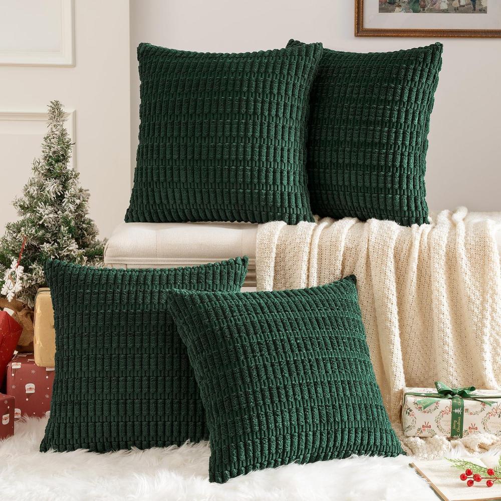 imageMIULEE Pack of 4 Fall Boho Farmhouse Orange Yellow Corduroy Decorative Throw Pillow Covers 18x18 Inch Soft Striped Pillow Covers Modern Rustic Home Decor for Sofa Living Room Couch BedDark Green