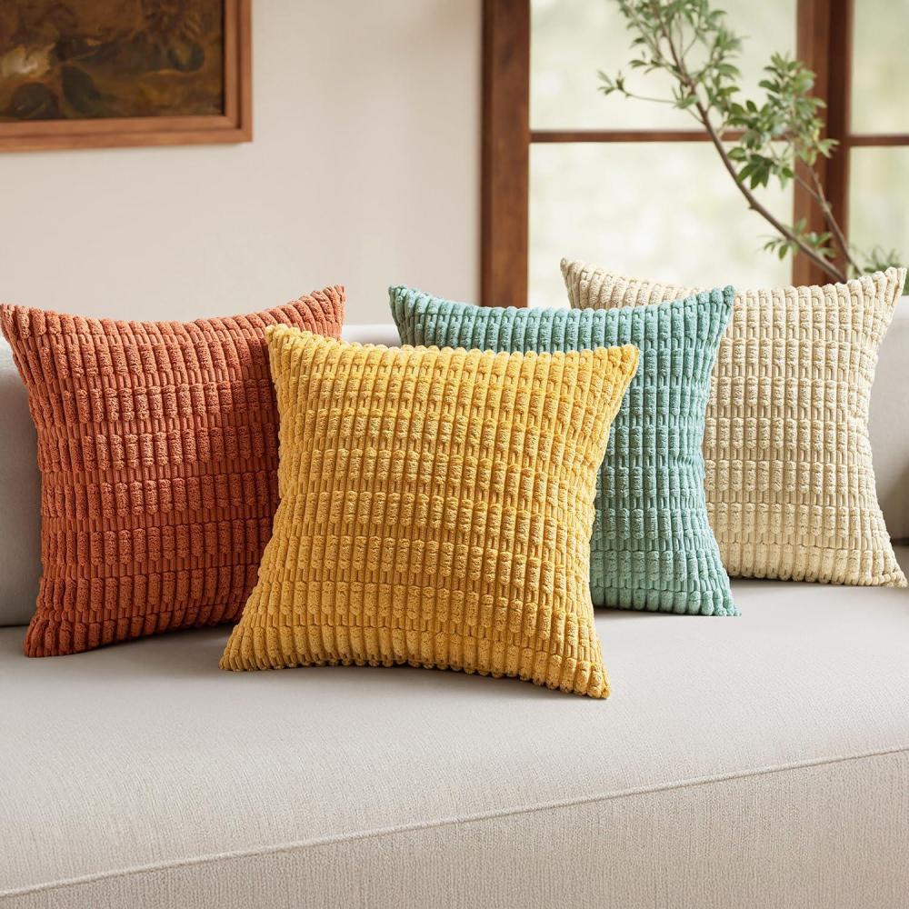 imageMIULEE Pack of 4 Fall Boho Farmhouse Orange Yellow Corduroy Decorative Throw Pillow Covers 18x18 Inch Soft Striped Pillow Covers Modern Rustic Home Decor for Sofa Living Room Couch BedOrange Teal