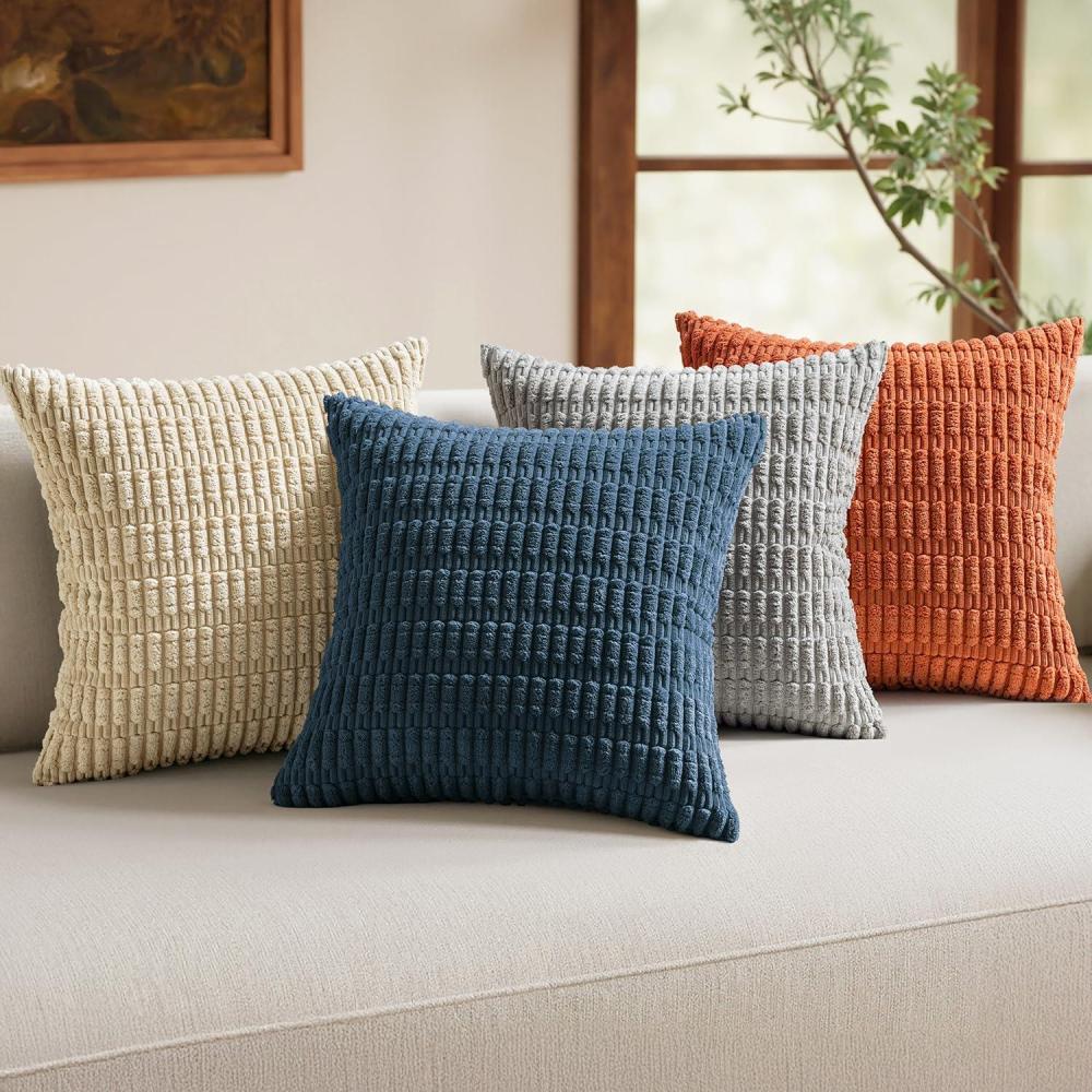 imageMIULEE Pack of 4 Fall Boho Farmhouse Orange Yellow Corduroy Decorative Throw Pillow Covers 18x18 Inch Soft Striped Pillow Covers Modern Rustic Home Decor for Sofa Living Room Couch BedBlue and Orange