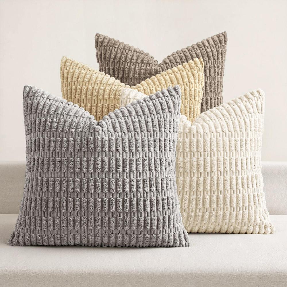 imageMIULEE Pack of 4 Fall Boho Farmhouse Orange Yellow Corduroy Decorative Throw Pillow Covers 18x18 Inch Soft Striped Pillow Covers Modern Rustic Home Decor for Sofa Living Room Couch BedNeutral