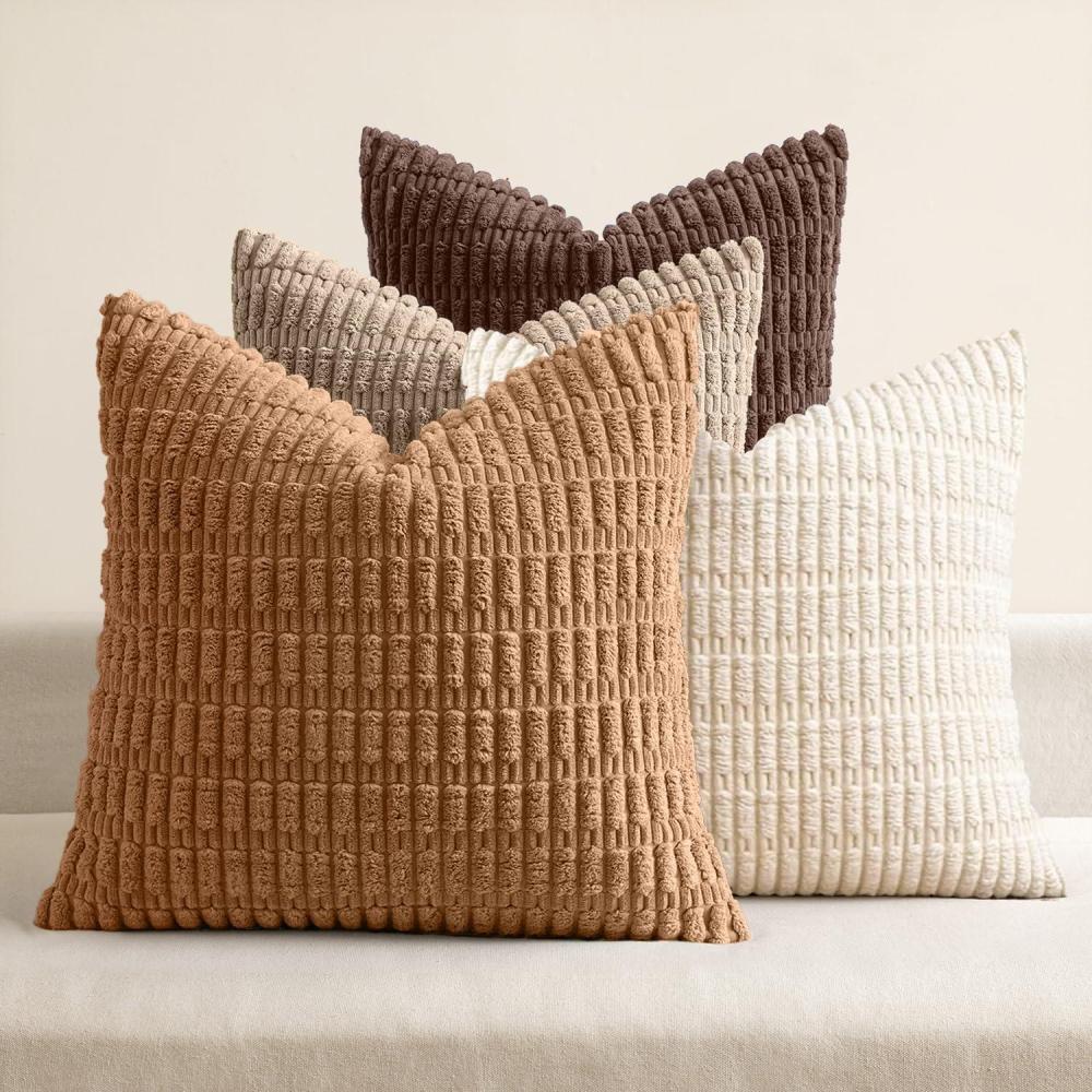 imageMIULEE Pack of 4 Fall Boho Farmhouse Orange Yellow Corduroy Decorative Throw Pillow Covers 18x18 Inch Soft Striped Pillow Covers Modern Rustic Home Decor for Sofa Living Room Couch BedBrown