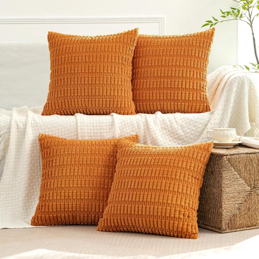 imageMIULEE Pack of 4 Fall Boho Farmhouse Orange Yellow Corduroy Decorative Throw Pillow Covers 18x18 Inch Soft Striped Pillow Covers Modern Rustic Home Decor for Sofa Living Room Couch BedBurnt Orange