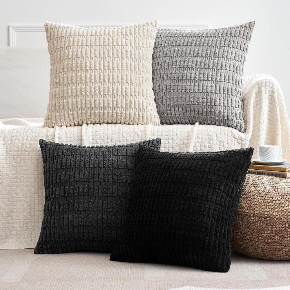imageMIULEE Pack of 4 Fall Boho Farmhouse Orange Yellow Corduroy Decorative Throw Pillow Covers 18x18 Inch Soft Striped Pillow Covers Modern Rustic Home Decor for Sofa Living Room Couch BedBlack and White