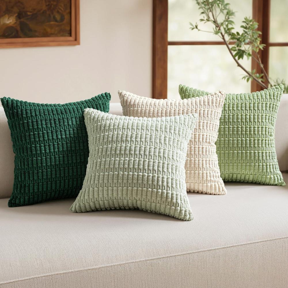 imageMIULEE Pack of 4 Fall Boho Farmhouse Orange Yellow Corduroy Decorative Throw Pillow Covers 18x18 Inch Soft Striped Pillow Covers Modern Rustic Home Decor for Sofa Living Room Couch BedGreen