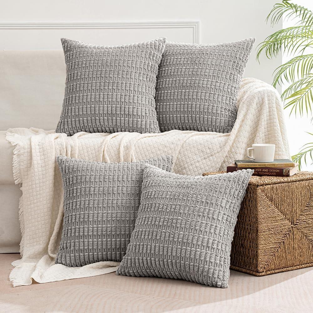 imageMIULEE Pack of 4 Fall Boho Farmhouse Orange Yellow Corduroy Decorative Throw Pillow Covers 18x18 Inch Soft Striped Pillow Covers Modern Rustic Home Decor for Sofa Living Room Couch BedLight Grey