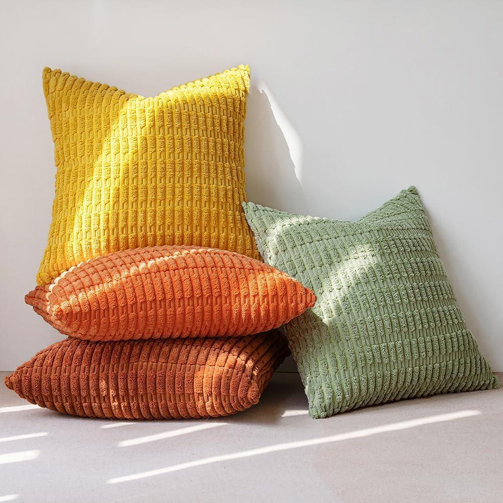 imageMIULEE Pack of 4 Fall Boho Farmhouse Orange Yellow Corduroy Decorative Throw Pillow Covers 18x18 Inch Soft Striped Pillow Covers Modern Rustic Home Decor for Sofa Living Room Couch BedOrange Green