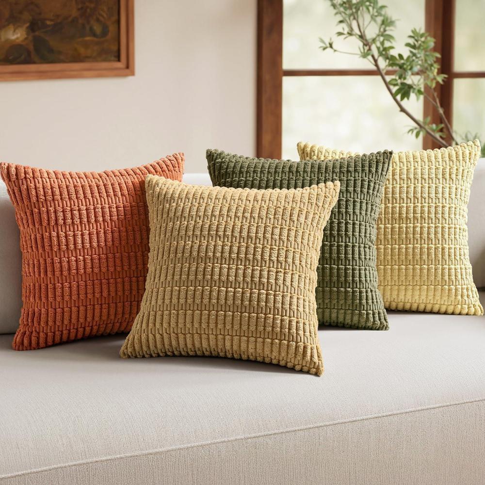 imageMIULEE Pack of 4 Fall Boho Farmhouse Orange Yellow Corduroy Decorative Throw Pillow Covers 18x18 Inch Soft Striped Pillow Covers Modern Rustic Home Decor for Sofa Living Room Couch BedBrown Green