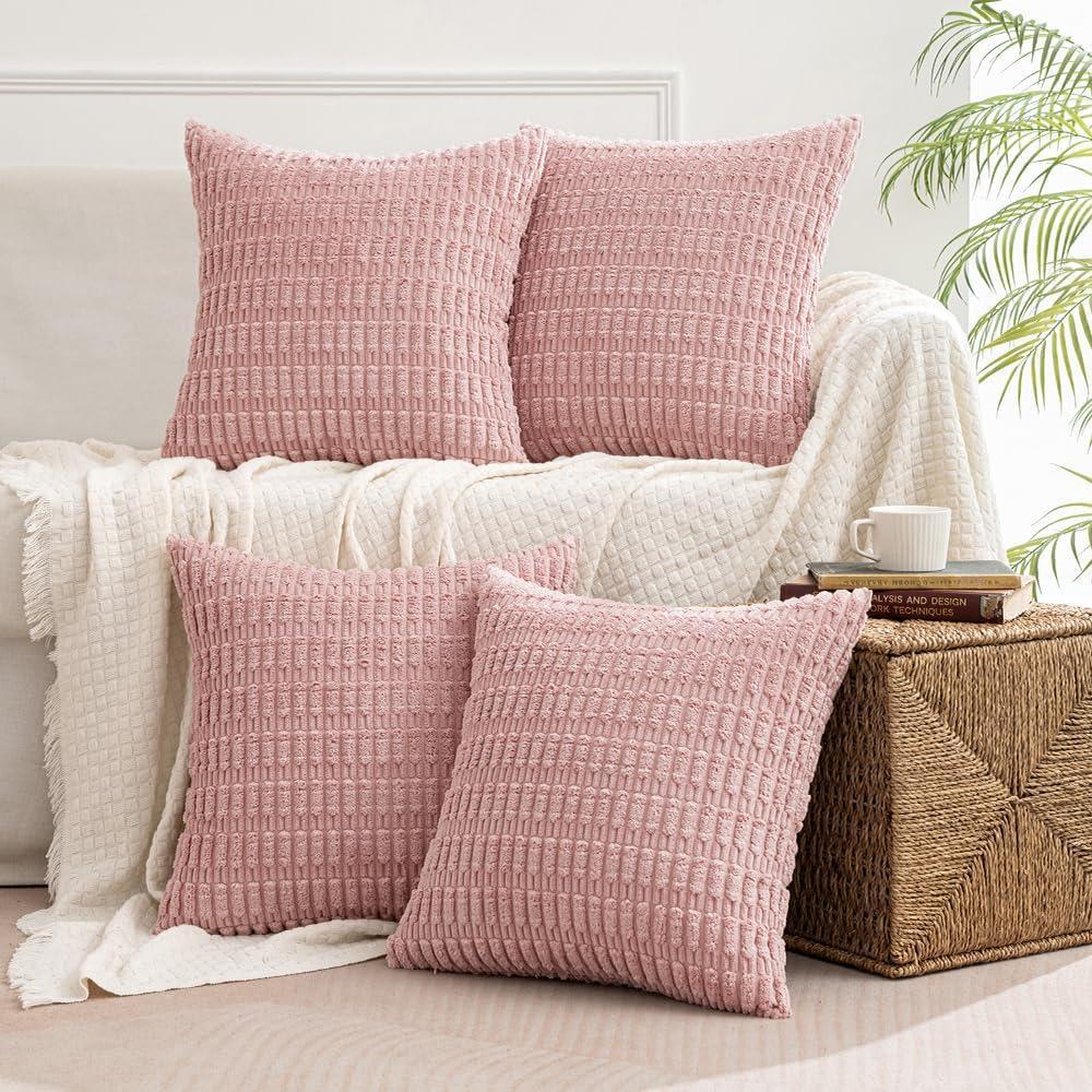imageMIULEE Pack of 4 Fall Boho Farmhouse Orange Yellow Corduroy Decorative Throw Pillow Covers 18x18 Inch Soft Striped Pillow Covers Modern Rustic Home Decor for Sofa Living Room Couch BedBlush Pink