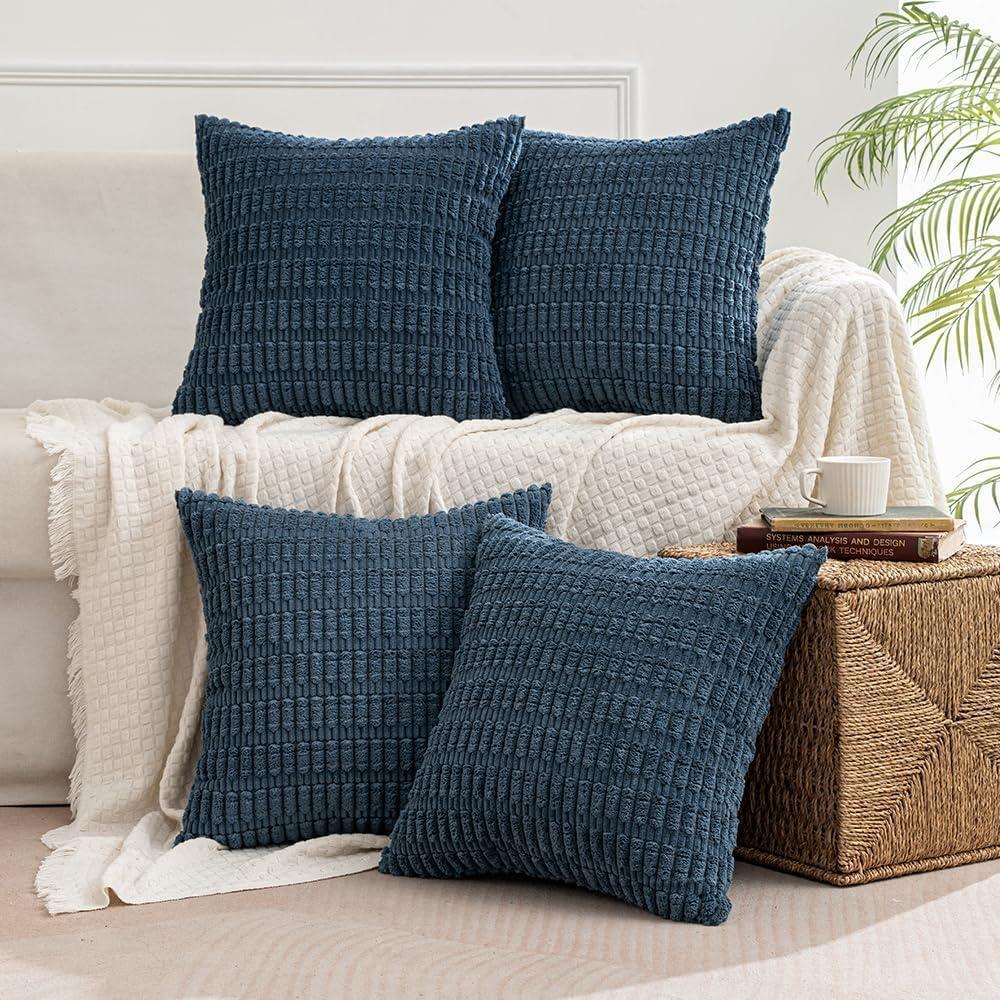 imageMIULEE Pack of 4 Fall Boho Farmhouse Orange Yellow Corduroy Decorative Throw Pillow Covers 18x18 Inch Soft Striped Pillow Covers Modern Rustic Home Decor for Sofa Living Room Couch BedBlue