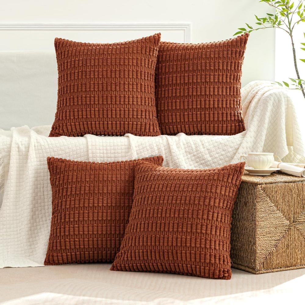 imageMIULEE Pack of 4 Fall Boho Farmhouse Orange Yellow Corduroy Decorative Throw Pillow Covers 18x18 Inch Soft Striped Pillow Covers Modern Rustic Home Decor for Sofa Living Room Couch BedDark Rust