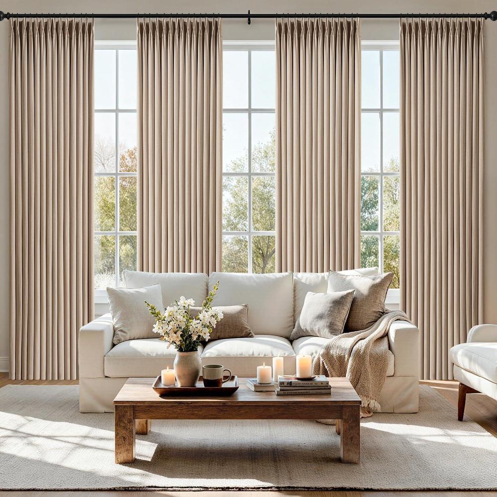imageMIULEE Pinch Pleated Thick Linen Curtains 90 Inch 4 Panels Set Back Tab Memory Trained Pinch Pleat Semi Sheer Light Filtering Privacy Curtain Let Light in Window Drapes for Living Room Bedroom NaturalTaupe