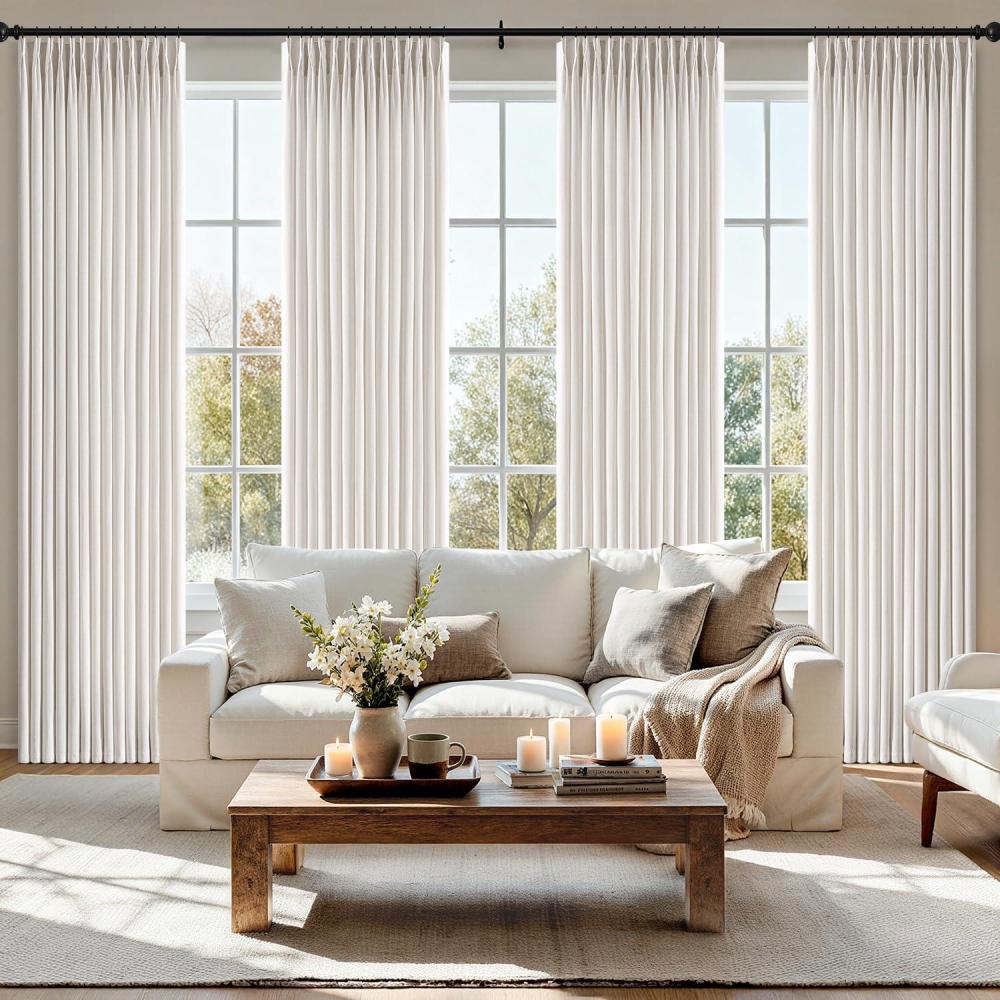 imageMIULEE Pinch Pleated Thick Linen Curtains 90 Inch 4 Panels Set Back Tab Memory Trained Pinch Pleat Semi Sheer Light Filtering Privacy Curtain Let Light in Window Drapes for Living Room Bedroom NaturalBeige White