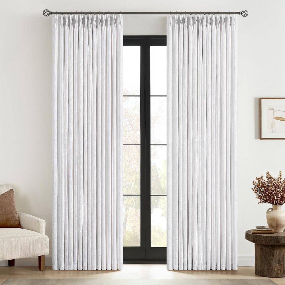 imageMIULEE Pinch Pleated Thick Linen Curtains 96 Inches Long 2 Panels for Living Room Bedroom Memory Trained Pleat Drapes Light Filtering Nautral Birch Semi Sheer Window Curtains Hooks Rings Back TabWhite