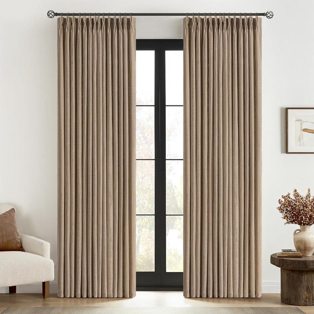 imageMIULEE Pinch Pleated Thick Linen Curtains 96 Inches Long 2 Panels for Living Room Bedroom Memory Trained Pleat Drapes Light Filtering Nautral Birch Semi Sheer Window Curtains Hooks Rings Back TabLinen Brown