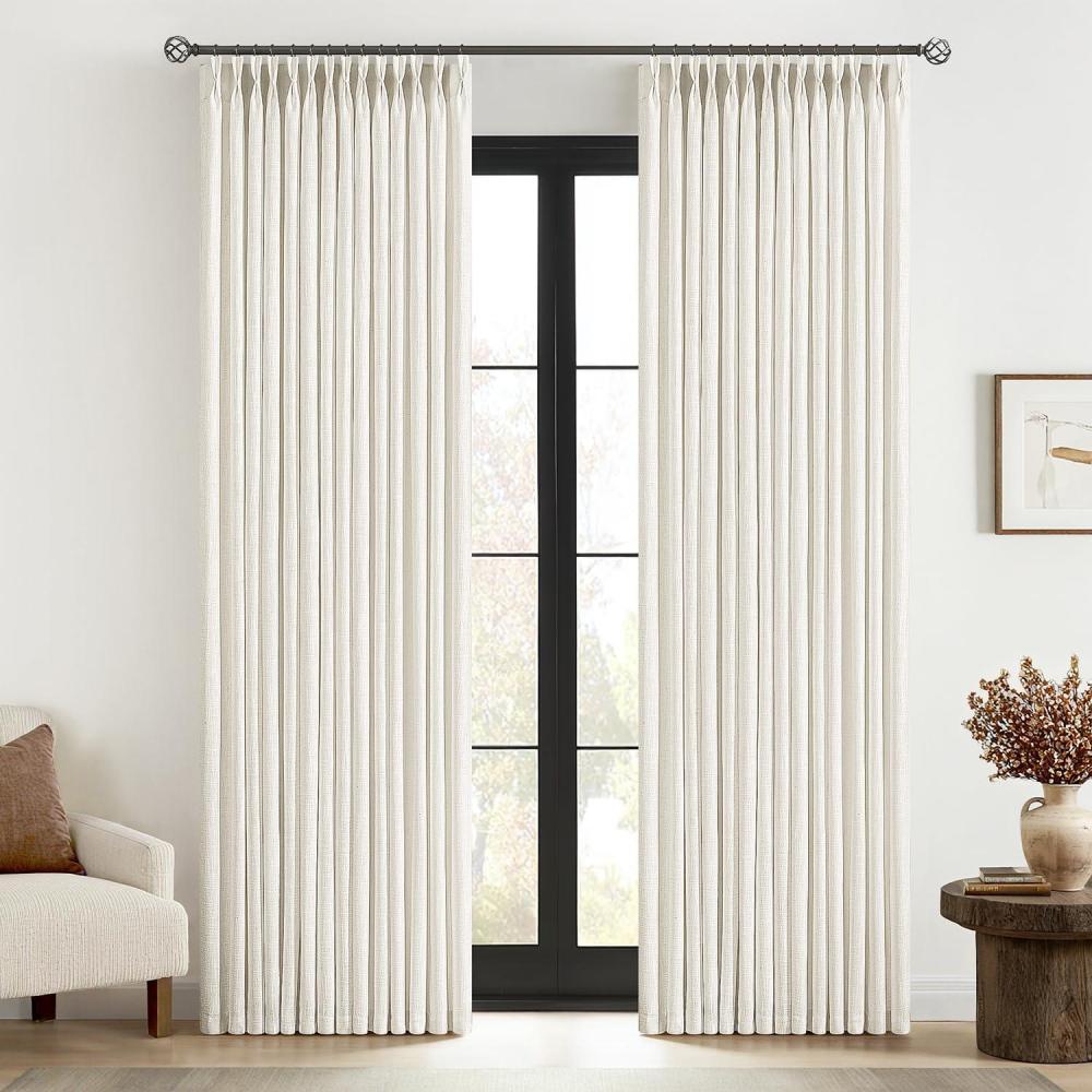 imageMIULEE Pinch Pleated Thick Linen Curtains 96 Inches Long 2 Panels for Living Room Bedroom Memory Trained Pleat Drapes Light Filtering Nautral Birch Semi Sheer Window Curtains Hooks Rings Back TabBeige White