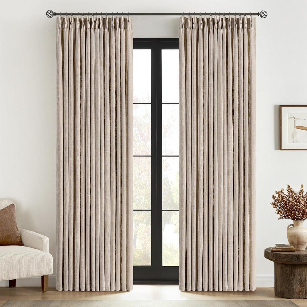 imageMIULEE Pinch Pleated Thick Linen Curtains 96 Inches Long 2 Panels for Living Room Bedroom Memory Trained Pleat Drapes Light Filtering Nautral Birch Semi Sheer Window Curtains Hooks Rings Back TabBurlywood Birch