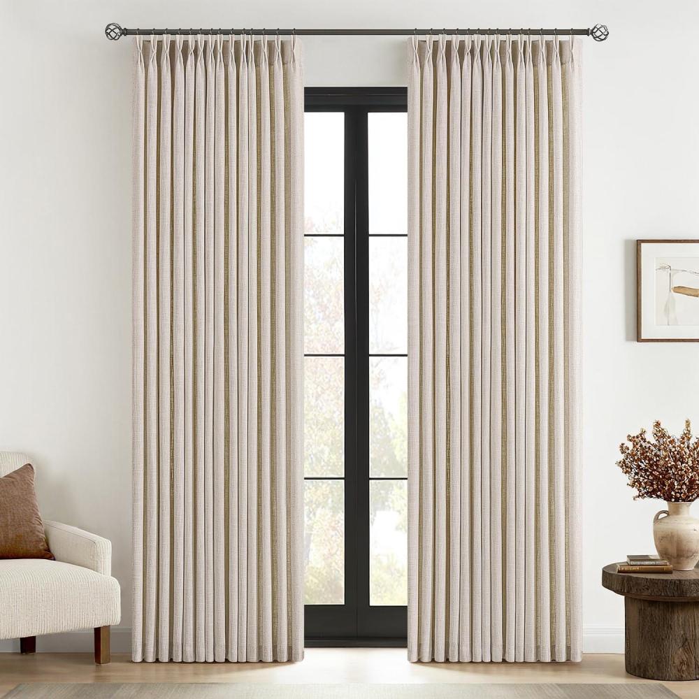 imageMIULEE Pinch Pleated Thick Linen Curtains 96 Inches Long 2 Panels for Living Room Bedroom Memory Trained Pleat Drapes Light Filtering Nautral Birch Semi Sheer Window Curtains Hooks Rings Back TabCream White