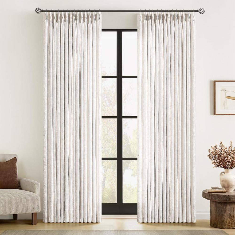 imageMIULEE Pinch Pleated Thick Linen Curtains 96 Inches Long 2 Panels for Living Room Bedroom Memory Trained Pleat Drapes Light Filtering Nautral Birch Semi Sheer Window Curtains Hooks Rings Back TabNatural