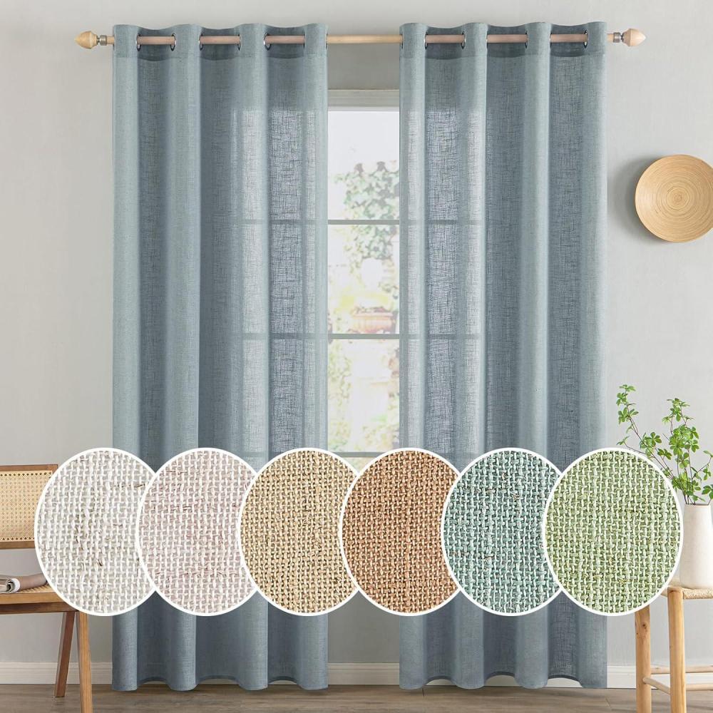 imageMIULEE Sage Green Linen Curtains 84 Inch Length 2 Panels Set for Bedroom Living Room Soft Thick Linen Textured Window Drapes Semi Sheer Light Filtering Grommet Top Burlap Look Farmhouse DecorStone Blue