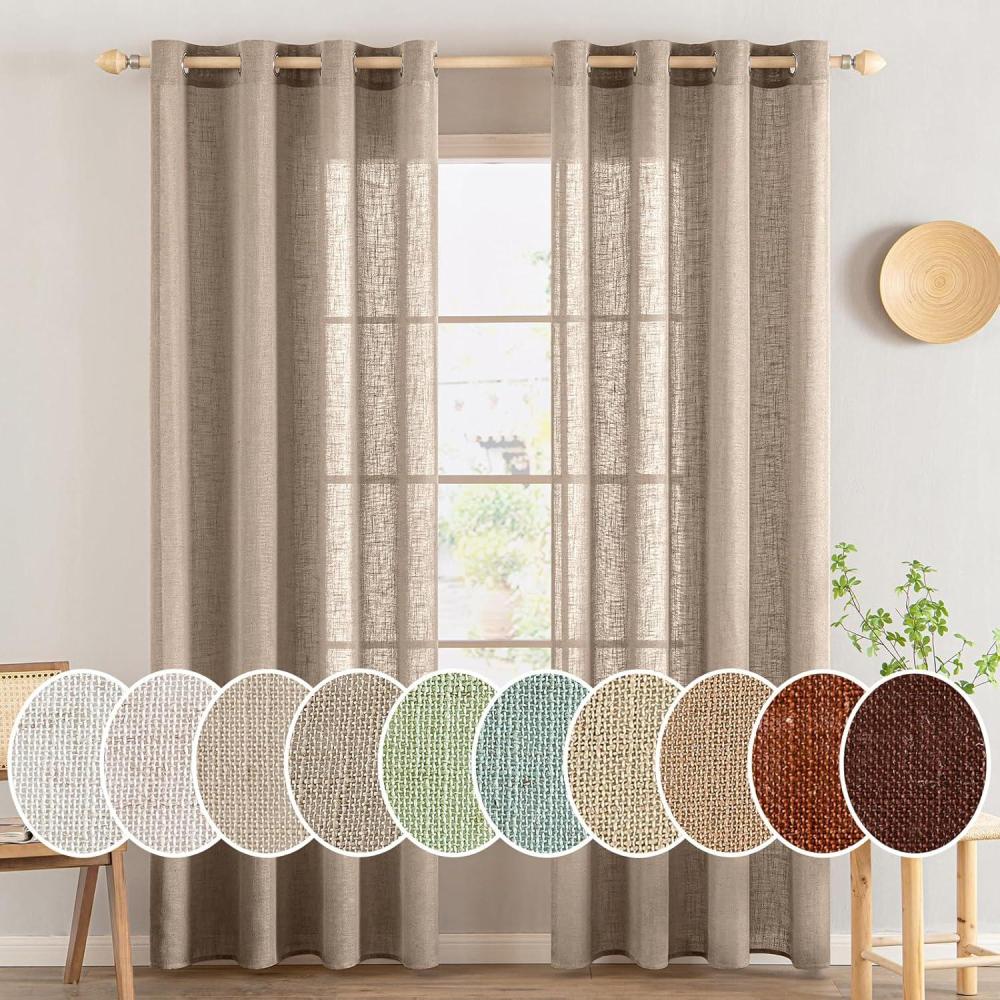 imageMIULEE Sage Green Linen Curtains 84 Inch Length 2 Panels Set for Bedroom Living Room Soft Thick Linen Textured Window Drapes Semi Sheer Light Filtering Grommet Top Burlap Look Farmhouse DecorTaupe