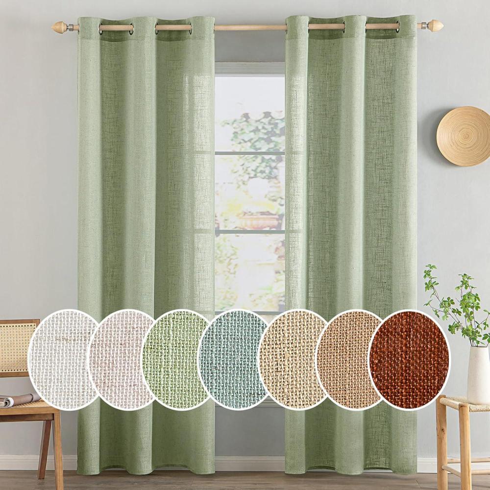 imageMIULEE Sage Green Linen Curtains 84 Inch Length 2 Panels Set for Bedroom Living Room Soft Thick Linen Textured Window Drapes Semi Sheer Light Filtering Grommet Top Burlap Look Farmhouse DecorSage Green