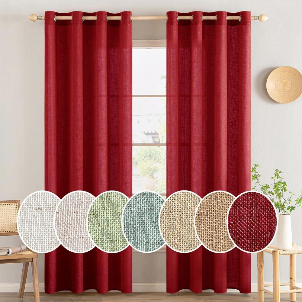 imageMIULEE Sage Green Linen Curtains 84 Inch Length 2 Panels Set for Bedroom Living Room Soft Thick Linen Textured Window Drapes Semi Sheer Light Filtering Grommet Top Burlap Look Farmhouse DecorBurgundy Red