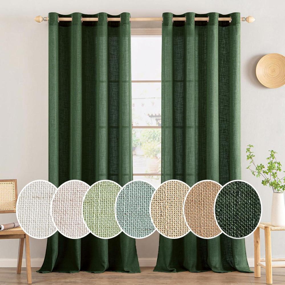 imageMIULEE Sage Green Linen Curtains 84 Inch Length 2 Panels Set for Bedroom Living Room Soft Thick Linen Textured Window Drapes Semi Sheer Light Filtering Grommet Top Burlap Look Farmhouse DecorEmerald Green