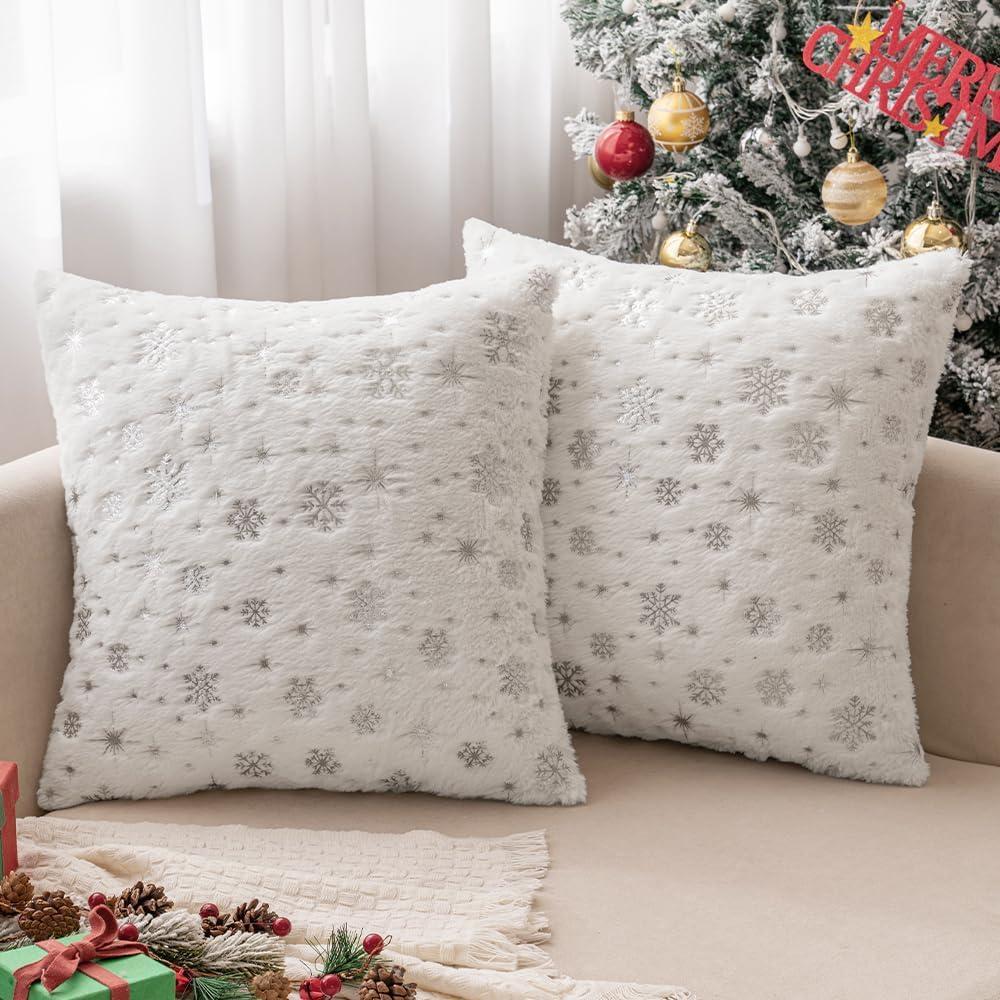 imageMIULEE Set of 2 Christmas Decorative Throw Pillow Covers Soft Faux Fur Winter Pillow Covers with Silver Snowflake Glitter Holiday Festival Pillowcases for Couch Sofa Bed 1818inch RedIvory