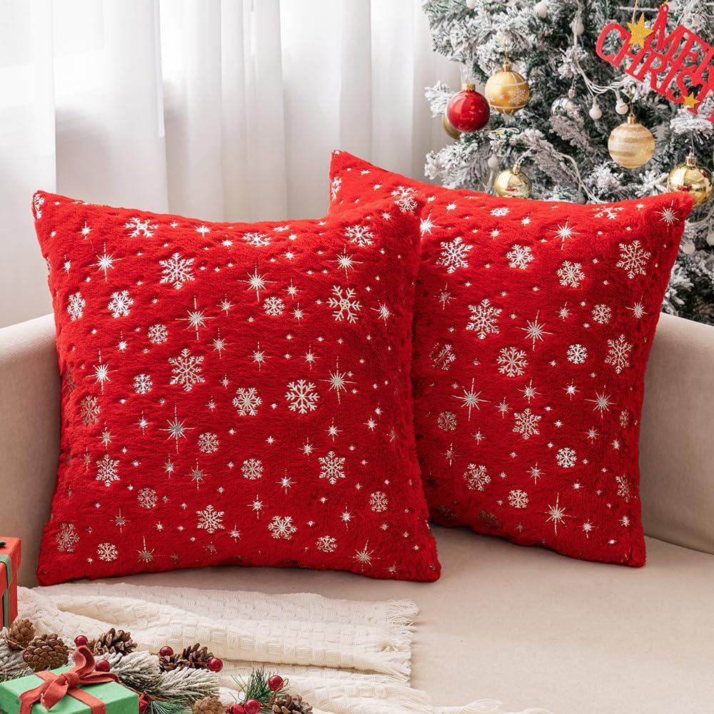imageMIULEE Set of 2 Christmas Decorative Throw Pillow Covers Soft Faux Fur Winter Pillow Covers with Silver Snowflake Glitter Holiday Festival Pillowcases for Couch Sofa Bed 1818inch RedRed