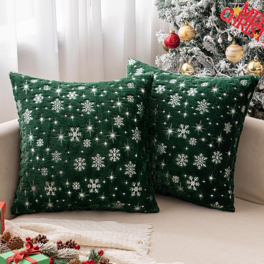 imageMIULEE Set of 2 Christmas Decorative Throw Pillow Covers Soft Faux Fur Winter Pillow Covers with Silver Snowflake Glitter Holiday Festival Pillowcases for Couch Sofa Bed 1818inch RedDark Green