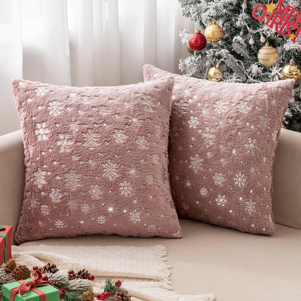 imageMIULEE Set of 2 Christmas Decorative Throw Pillow Covers Soft Faux Fur Winter Pillow Covers with Silver Snowflake Glitter Holiday Festival Pillowcases for Couch Sofa Bed 1818inch RedHeather Pink