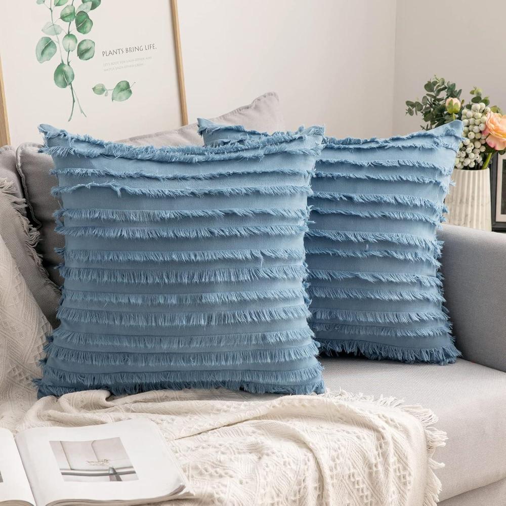 imageMIULEE Set of 2 Decorative Boho Throw Pillow Covers Linen Striped Jacquard Pattern Cushion Covers for Sofa Couch Living Room Bedroom 18x18 Inch RedBlue