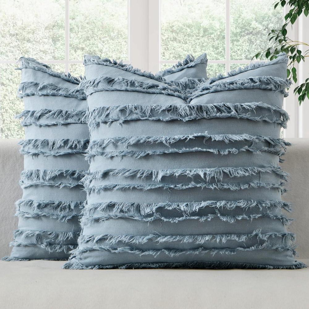 imageMIULEE Set of 2 Decorative Boho Throw Pillow Covers Linen Striped Jacquard Pattern Cushion Covers for Sofa Couch Living Room Bedroom 18x18 Inch RedBlue Grey