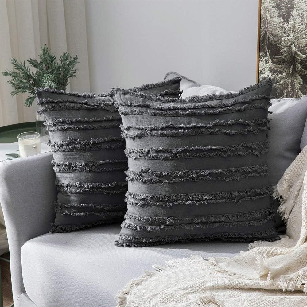imageMIULEE Set of 2 Decorative Boho Throw Pillow Covers Linen Striped Jacquard Pattern Cushion Covers for Sofa Couch Living Room Bedroom 18x18 Inch RedDark Grey