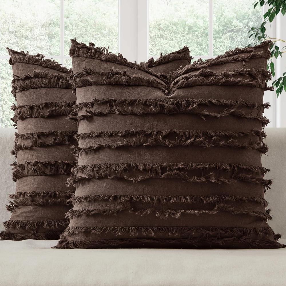 imageMIULEE Set of 2 Decorative Boho Throw Pillow Covers Linen Striped Jacquard Pattern Cushion Covers for Sofa Couch Living Room Bedroom 18x18 Inch RedDark Brown
