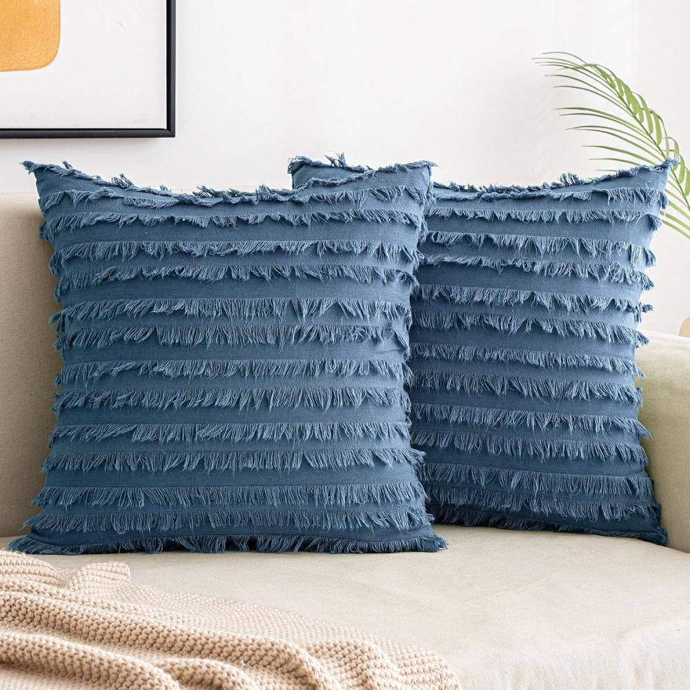 imageMIULEE Set of 2 Decorative Boho Throw Pillow Covers Linen Striped Jacquard Pattern Cushion Covers for Sofa Couch Living Room Bedroom 18x18 Inch RedDark Blue