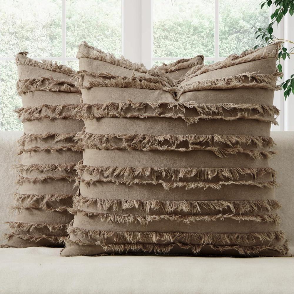 imageMIULEE Set of 2 Decorative Boho Throw Pillow Covers Linen Striped Jacquard Pattern Cushion Covers for Sofa Couch Living Room Bedroom 18x18 Inch RedKhaki