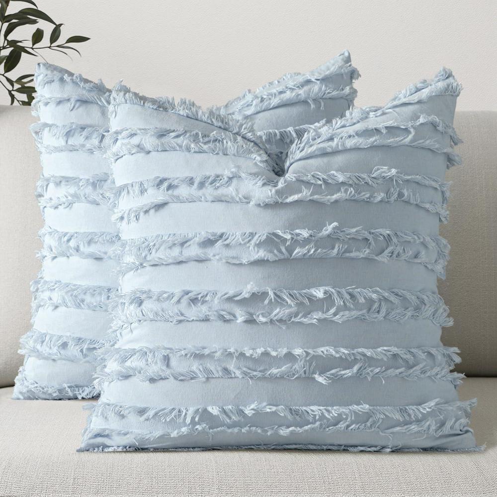 imageMIULEE Set of 2 Decorative Boho Throw Pillow Covers Linen Striped Jacquard Pattern Cushion Covers for Sofa Couch Living Room Bedroom 18x18 Inch RedLight Blue