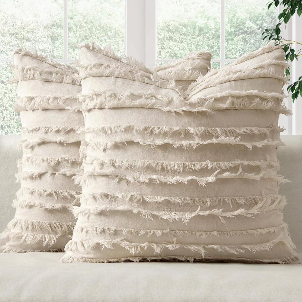 imageMIULEE Set of 2 Decorative Boho Throw Pillow Covers Linen Striped Jacquard Pattern Cushion Covers for Sofa Couch Living Room Bedroom 18x18 Inch RedNatural Beige
