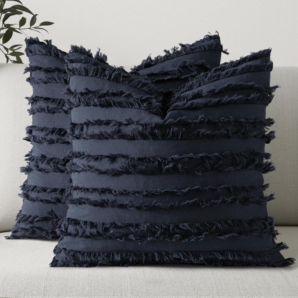 imageMIULEE Set of 2 Decorative Boho Throw Pillow Covers Linen Striped Jacquard Pattern Cushion Covers for Sofa Couch Living Room Bedroom 18x18 Inch RedNavy Blue