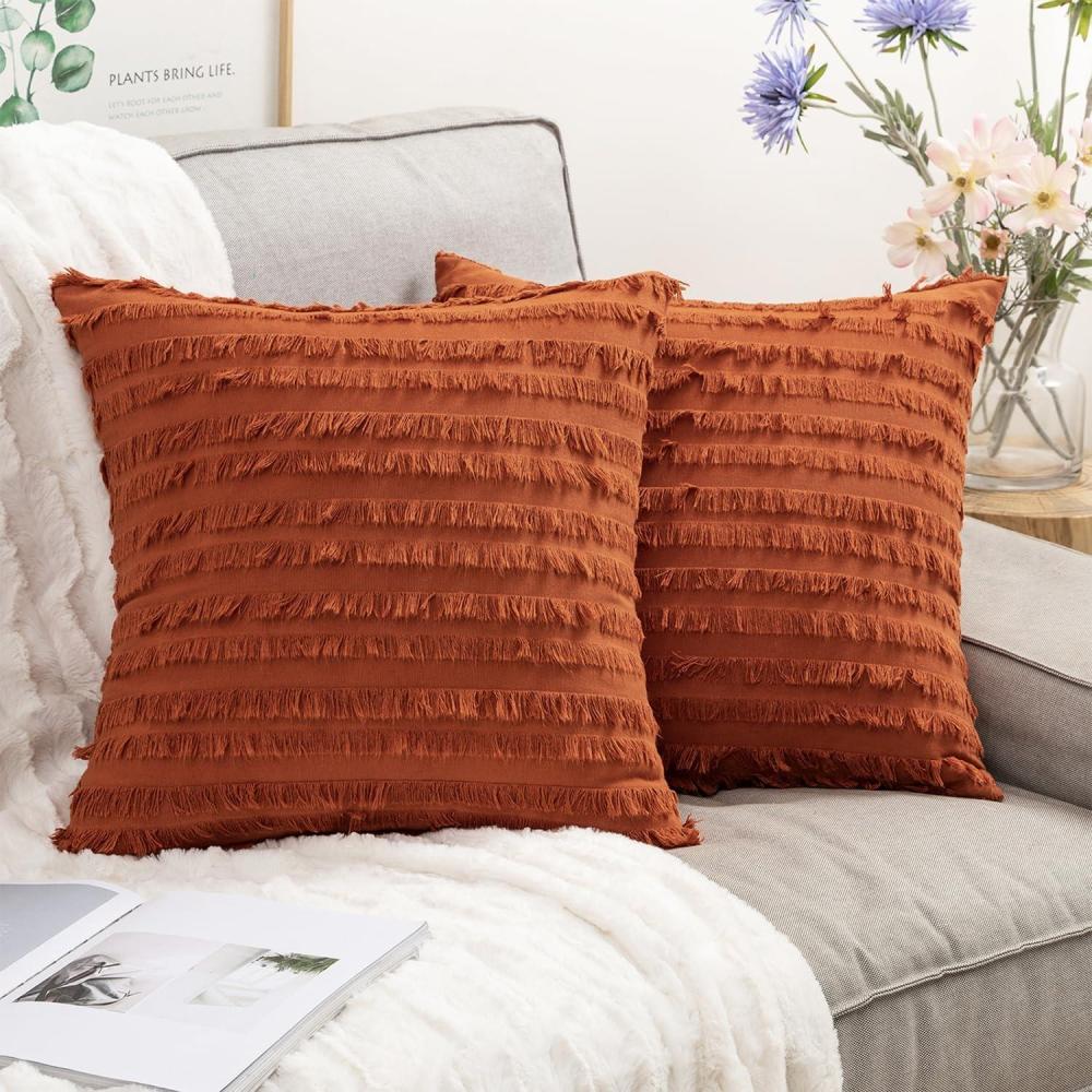imageMIULEE Set of 2 Decorative Boho Throw Pillow Covers Linen Striped Jacquard Pattern Cushion Covers for Sofa Couch Living Room Bedroom 18x18 Inch RedRust